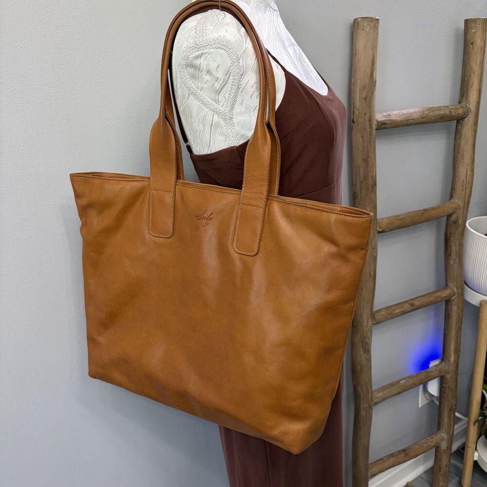 Sseko Designs Caramel Leather Tote Bag Large Work Travel Laptop Shoulder Purse